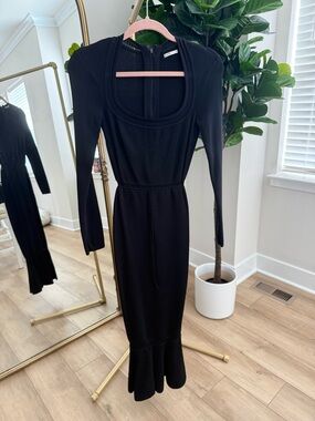 House of CB Black Long-Sleeve Midi Dress with Scoop Neck - Small